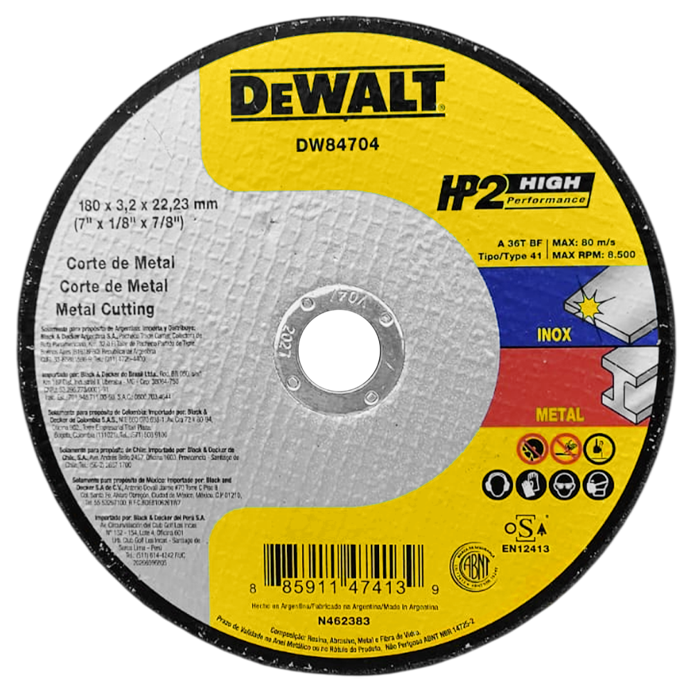 DISCO DE CORTE INOX DEWALT DW84704 HP2 7x1/8x7/8