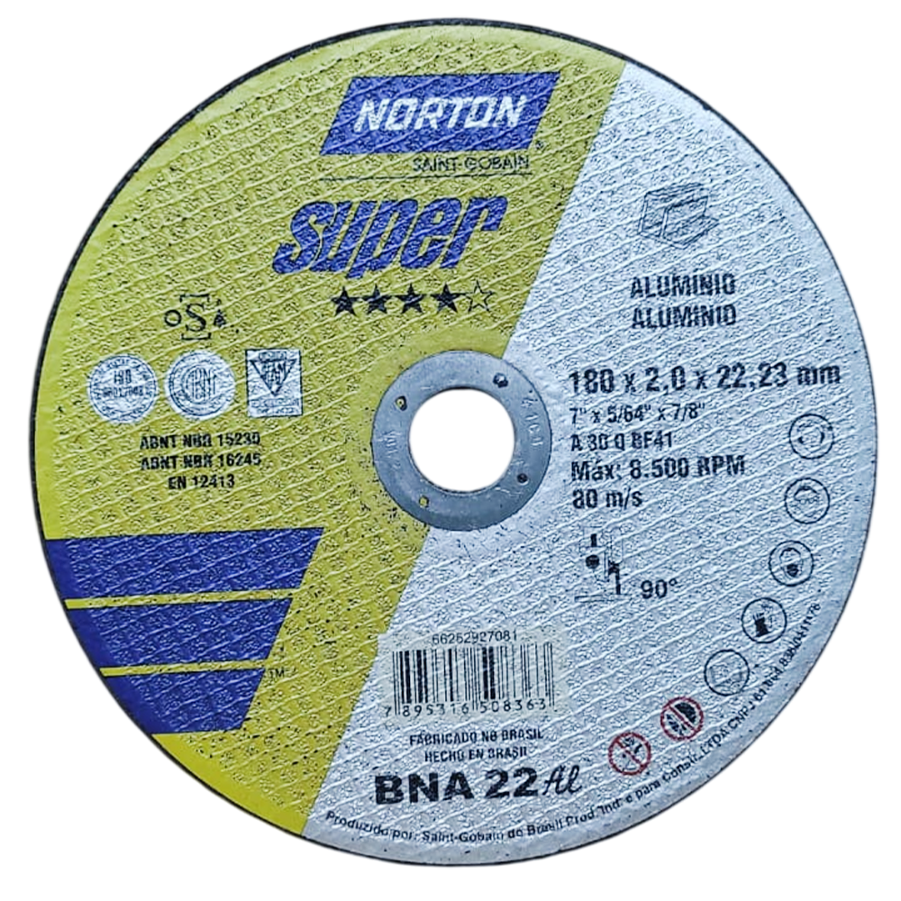 DISCO DE CORTE NORTON 66252927081 180X2.0X22.22MM (7X5/64X7/8) SUPER BNA22AL AMARELO ALUMINIO