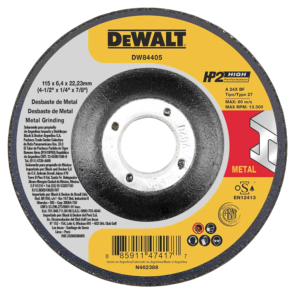 DISCO DE DESBASTE DEWALT DW84405 115X6X22.23 (4.1/2X1/4X7/8) METAL HP2