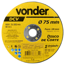 DISCO DE CORTE VONDER 1240075140 75X1.4X10.0 (3X1/16X3/8) DCV G46