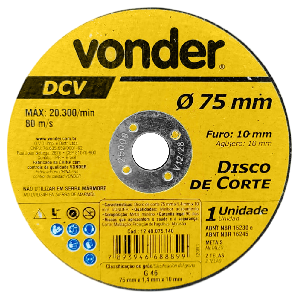 DISCO DE CORTE VONDER 1240075140 75X1.4X10.0 (3X1/16X3/8) DCV G46