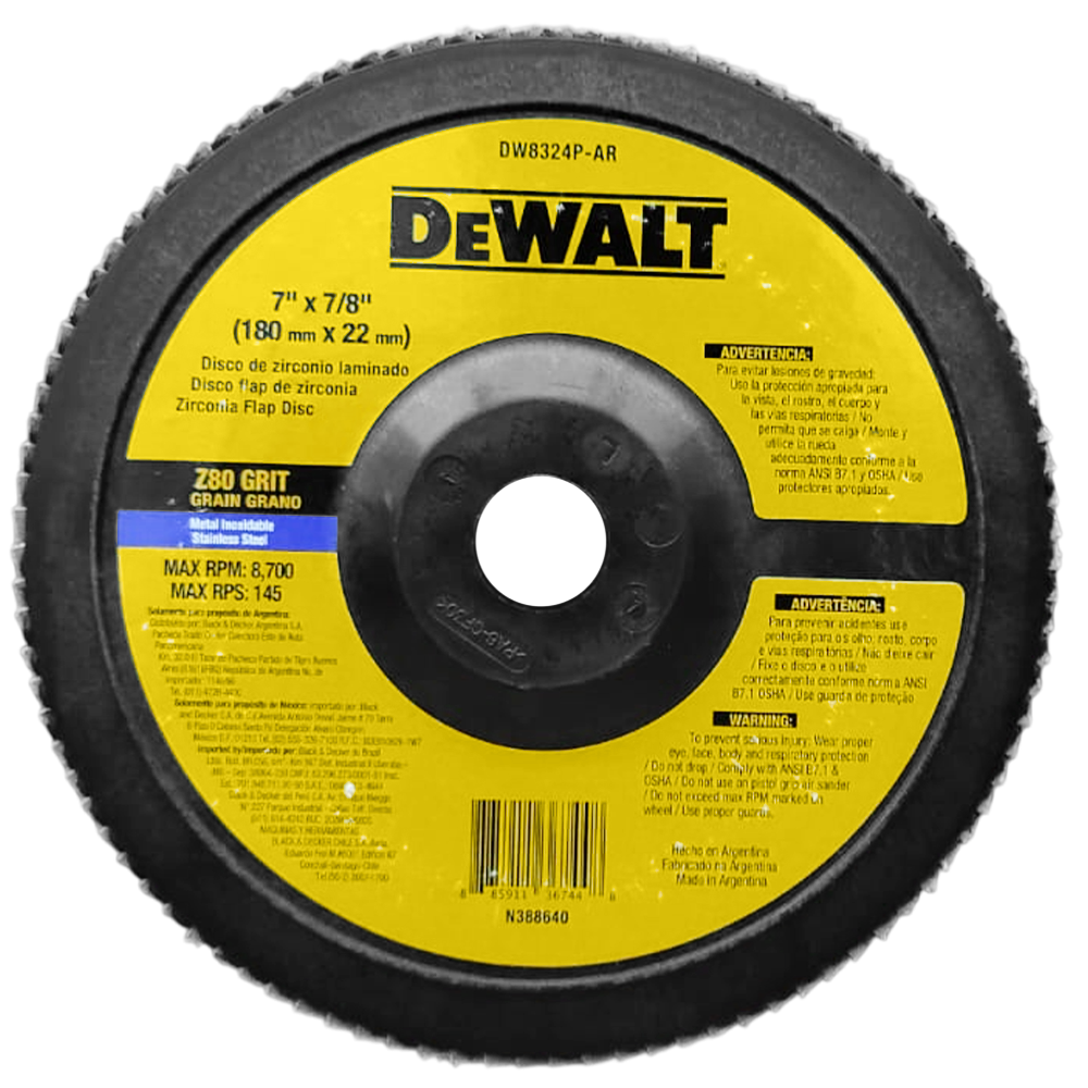 DISCO FLAP DEWALT DW8324P-AR 180X22.23MM (7X7/8) G80 ZIRCONADO BASE PLASTICA
