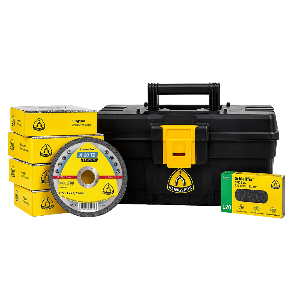 KIT PROMO 100 UNIDADE - 202400 DISCO DE CORTE KLINGSPOR 735560 115X1X22.23 (4.1/2X3/64X7/8) A60TZ + CAIXA DE FERRAMENTAS + BLOCO DE LIXAMNETO MANUAL