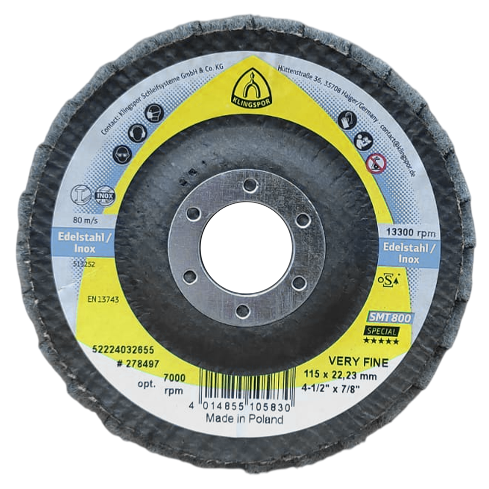 DISCO FLAP PARA AÇO INOXIDAVEL VERY FINE (VERDE) KLINGSPOR 278497 SMT800 115X22MM (4.1/2X7/8)