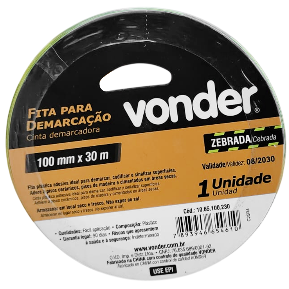 FITA DE DEMARCAÇÃO DE SOLO ADESIVA 100MMX30M ZEBRADA VONDER 1065100230 - Imagem 2