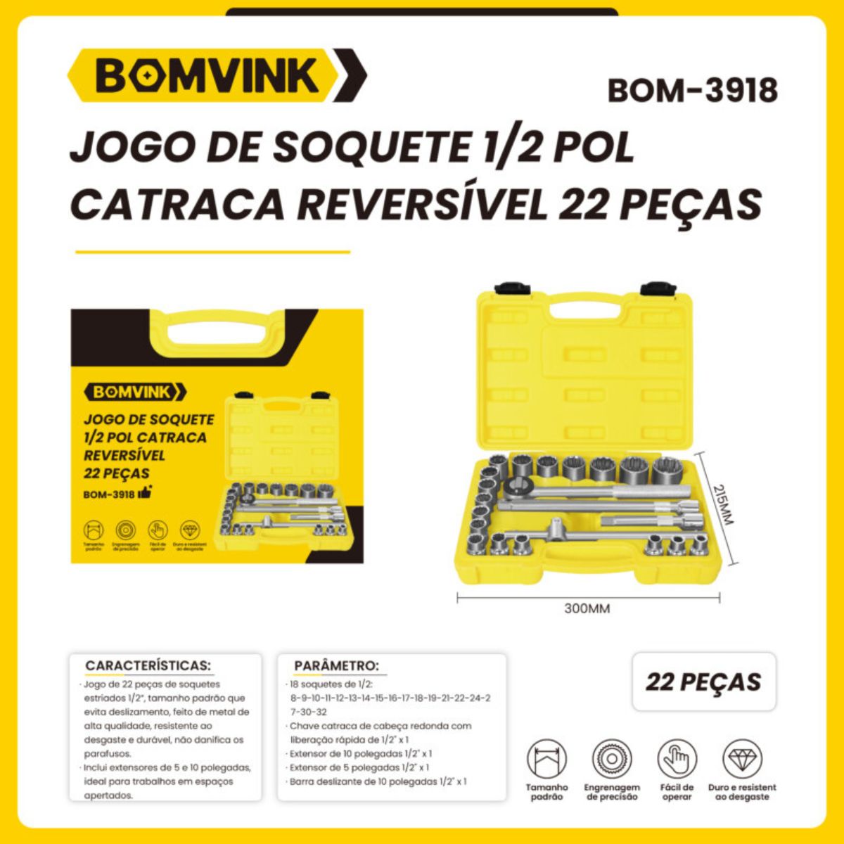 JOGO DE CHAVE DE CATRACA 1/2" SOQUETES ESTRIADOS COM 22 PEÇAS BOMVINK BOM-3918 - Imagem 3