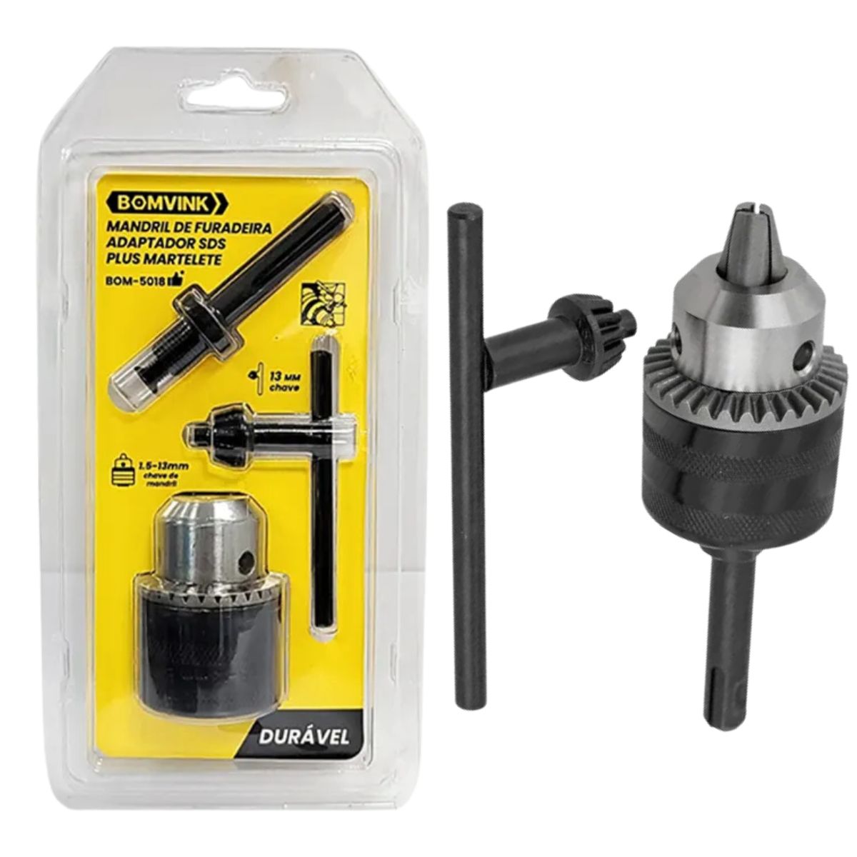 KIT MANDRIL COM CHAVE 1/2" ROSCA 1/2X20 + ADAPTADOR 1/2" PARA ENCAIXE SDS-PLUS - BOMVINK BOM-5018