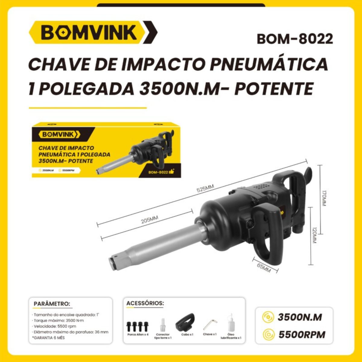 CHAVE DE IMPACTO 1" EIXO LONGO  PNEUMATICA BOMVINK BOM-8022 350KGFM - Imagem 3