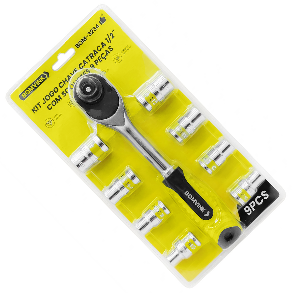 JOGO DE CHAVE DE CATRACA 1/2" COM 9 PEÇAS 8-19MM BOMVINK BOM-3234