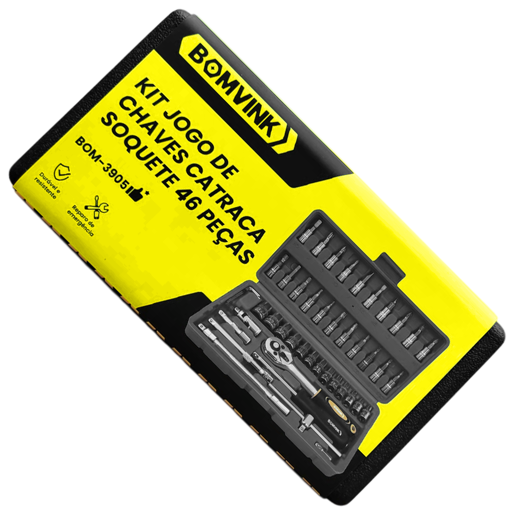 KIT JOGO DE CHAVE DE CATRACA 1/4" SOQUETES SEXTAVADOS COM 46 PEÇAS BOMVINK BOM-3905