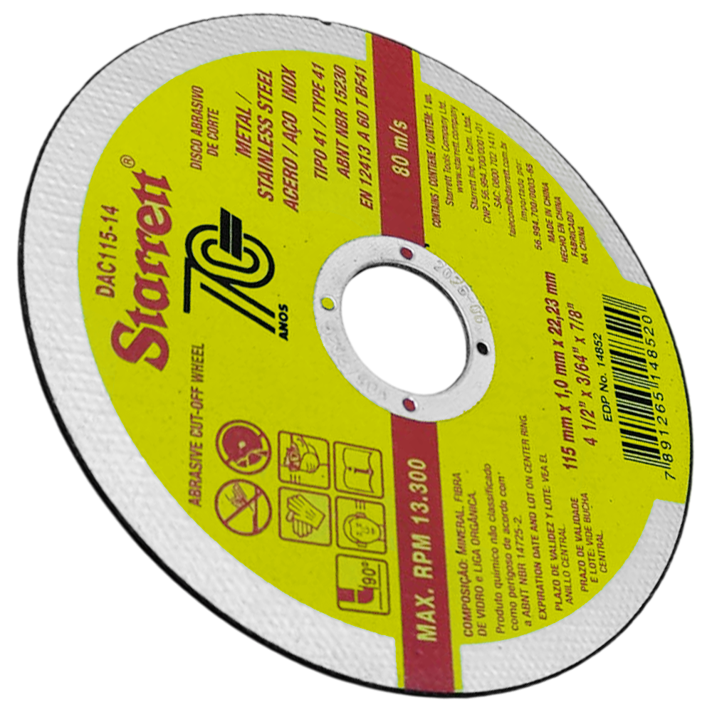 DISCO ABRASIVO DE CORTE 115X1,0X22,2MM (4.1/2"X3/64"X7/8") STARRETT DAC115-14 - Imagem 3