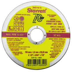 DISCO ABRASIVO DE CORTE 115X1,0X22,2MM (4.1/2"X3/64"X7/8") STARRETT DAC115-14