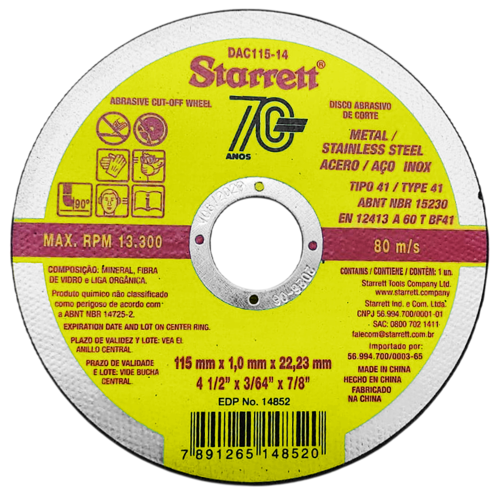 DISCO ABRASIVO DE CORTE 115X1,0X22,2MM (4.1/2"X3/64"X7/8") STARRETT DAC115-14